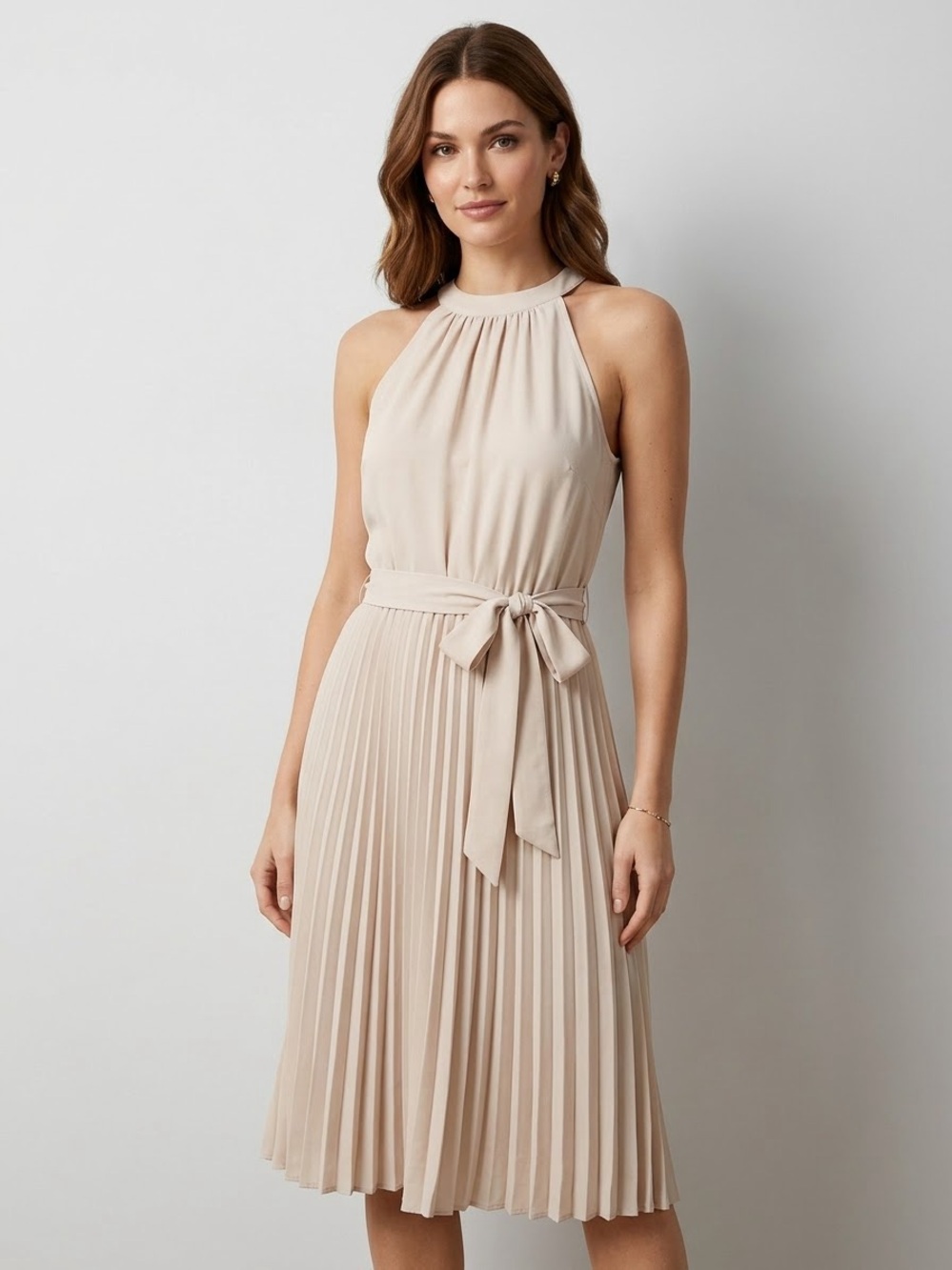 KIRUNDO Sleeveless Midi Dress in Light Beige with Pleated Skirt, Size Medium
